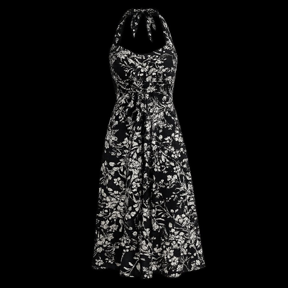 White House Black Market Black White Floral Halter Dress Size 2 Knee Length Ruch